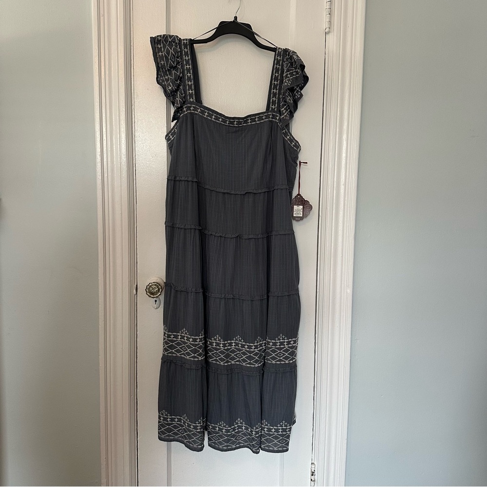 Knox Rose Size XXL Flutter Sleeve Maxi Dress Blue/Gray Tiered White Details NWT